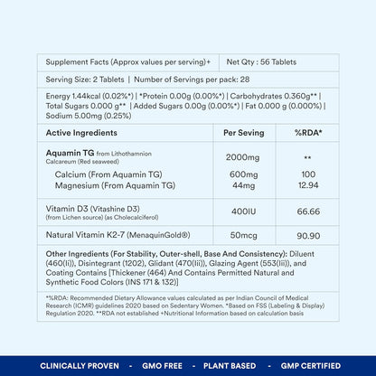 Bone Strength | Plant-based Calcium with Vitamin D3, K2-7 & Magnesium | Supports bone health| GMP Certified | 56 Veg Capsules