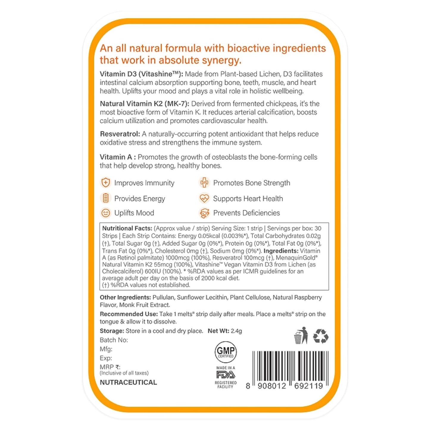 Zephivo Wellbeing Nutrition Melts Natural Vitamin D3 + K2 Supplement for Immunity, Heart, Muscle, Bone, Cellular Protection | Vitashine, Resveterol & MenaquinGold | 30 Oral Strips