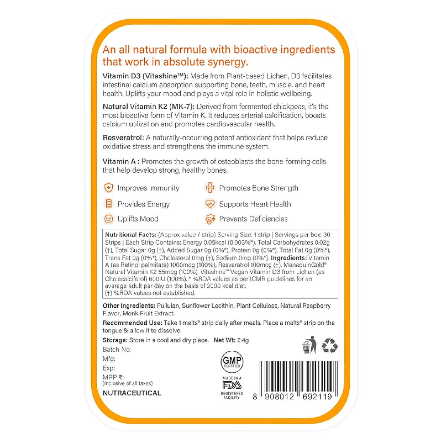 Zephivo Wellbeing Nutrition Melts Natural Vitamin D3 + K2 Supplement for Immunity, Heart, Muscle, Bone, Cellular Protection | Vitashine, Resveterol & MenaquinGold | 30 Oral Strips