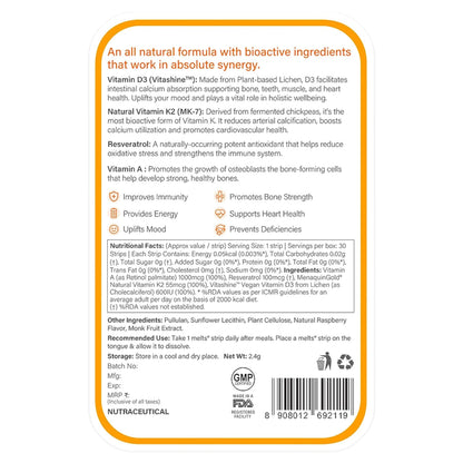 Zephivo Wellbeing Nutrition Melts Natural Vitamin D3 + K2 Supplement for Immunity, Heart, Muscle, Bone, Cellular Protection | Vitashine, Resveterol & MenaquinGold | 30 Oral Strips