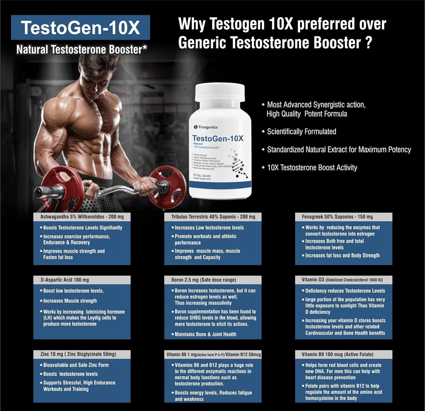 Advertisement for TestoGen-10X natural testosterone booster with a muscular man and product details.