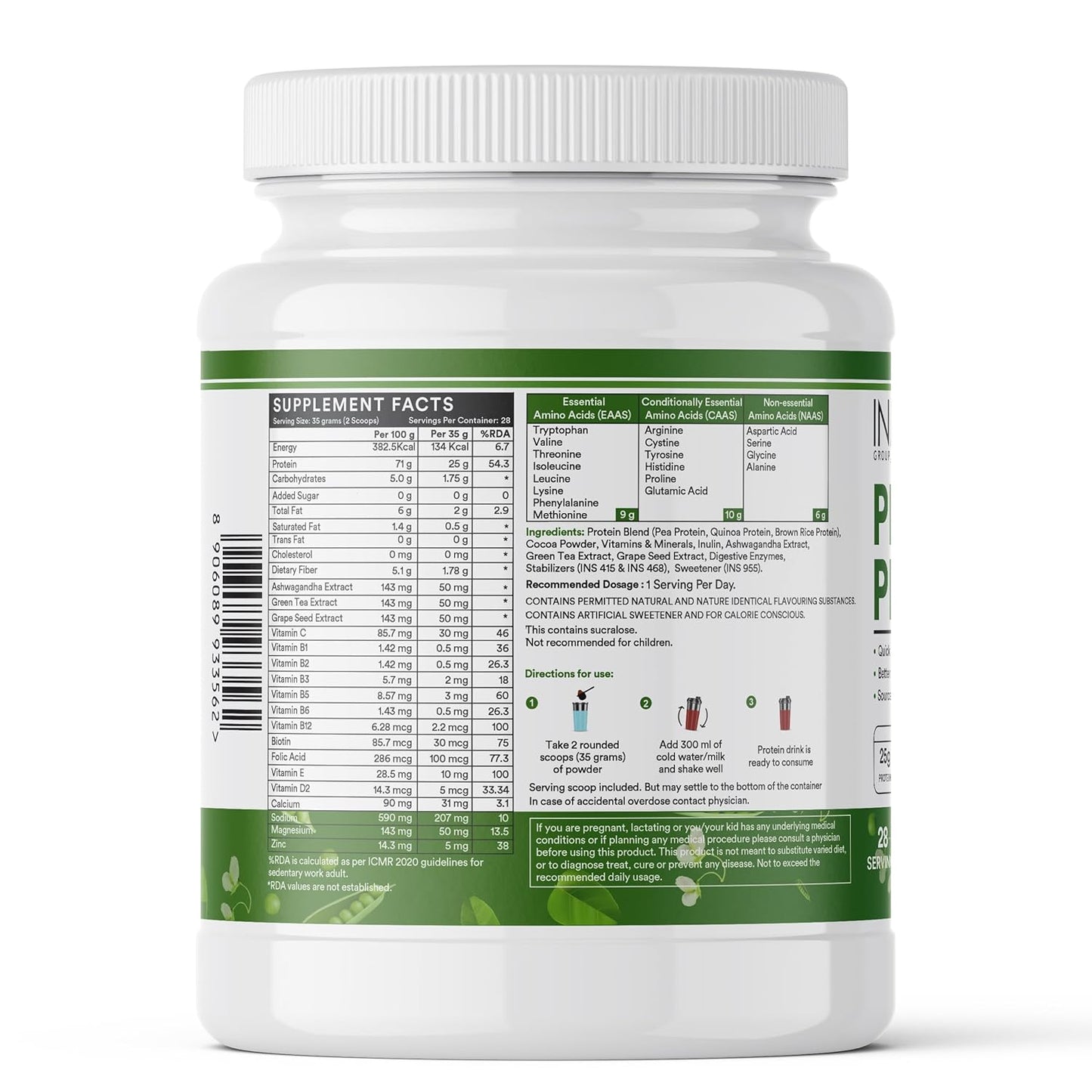 INLIFE Plant Protein Powder - Pea, Quinoa & Brown Rice - 25g Protein - Ashwagandha, Green Tea & Grape Seed Extract - Digestive Enzymes Bodybuilding Supplement (1kg, Chocolate)