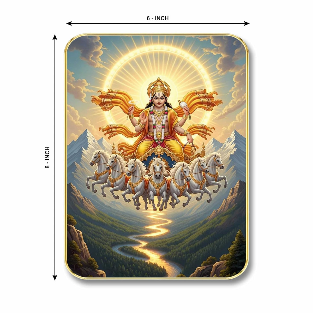 Divine Surya Dev Wall Art with Table Top Stand & Wall Hanging Hole | Premium MDF Sun God 7 Horses Vastu Painting for Living Room Office Home Decor Gift