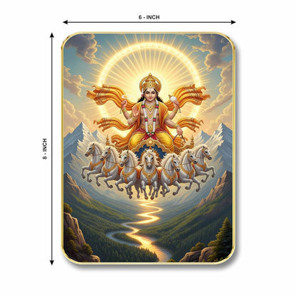 Divine Surya Dev Wall Art with Table Top Stand & Wall Hanging Hole | Premium MDF Sun God 7 Horses Vastu Painting for Living Room Office Home Decor Gift