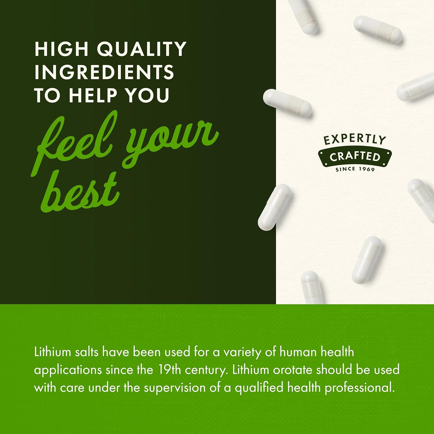 White capsules on a white background with text about high-quality ingredients and expertly crafted lithium salts.