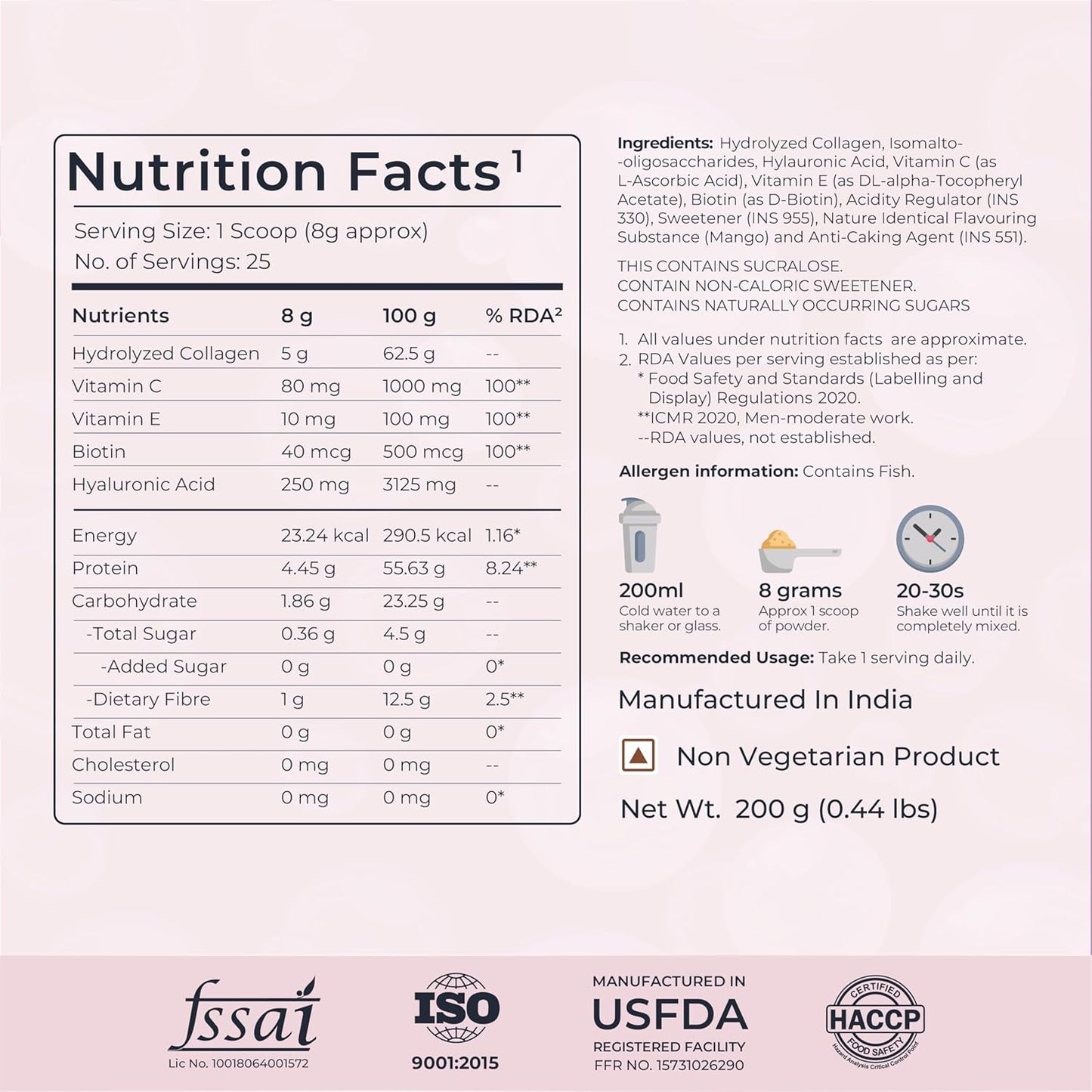 Nutrition facts label for a supplement with ingredients and manufacturing details.
