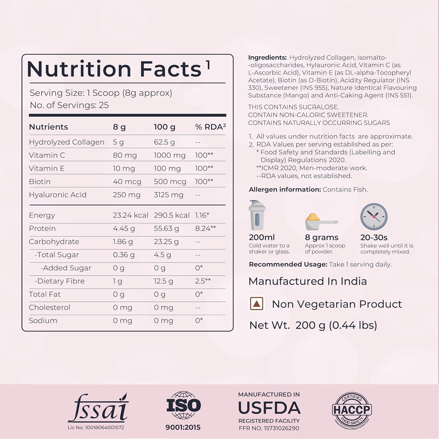 Nutrition facts label for a supplement with ingredients and manufacturing details.