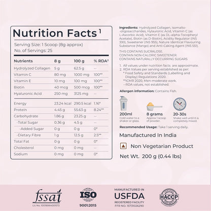 Nutrition facts label for a supplement with ingredients and manufacturing details.