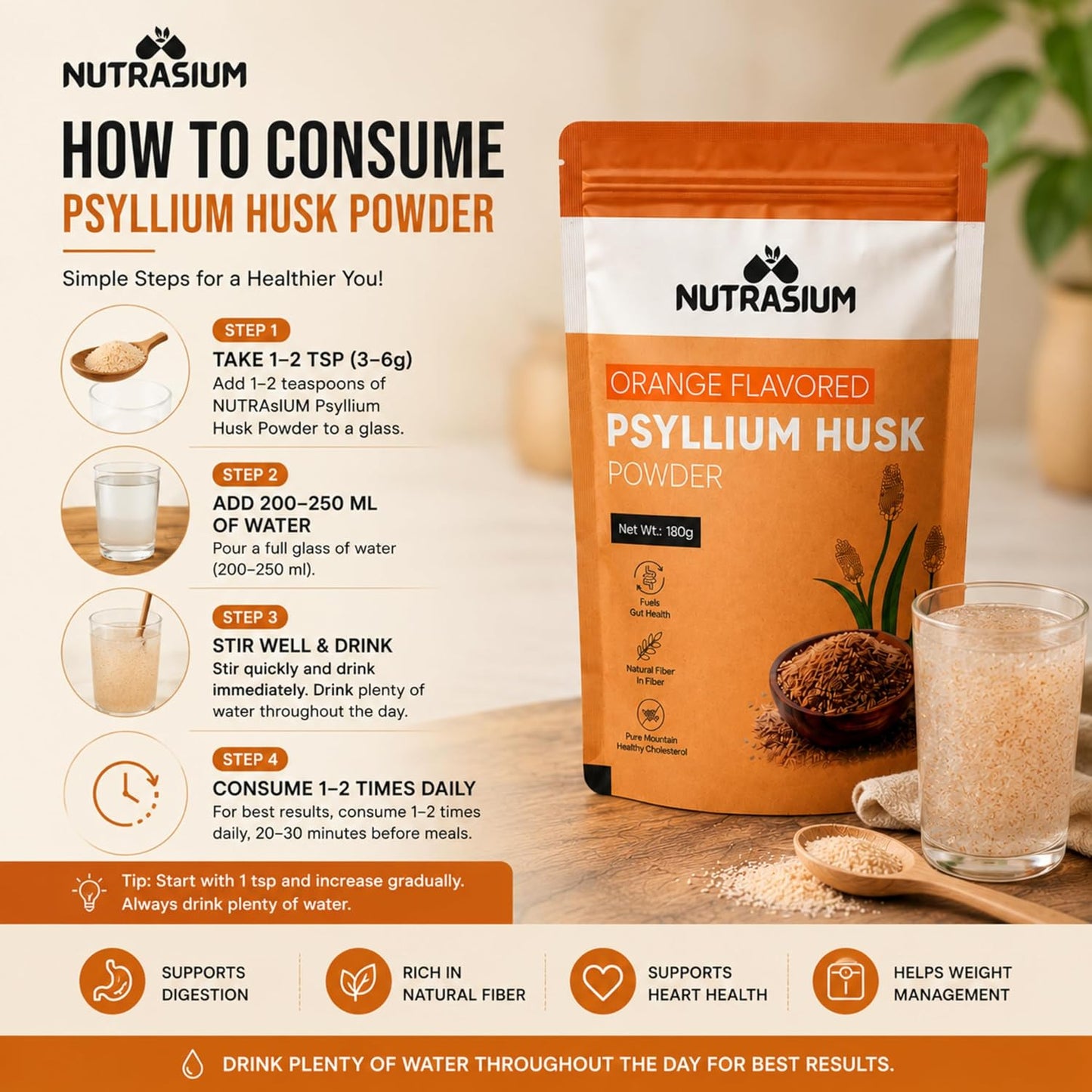 Nutrasium Psyllium Husk Powder | Isabgol Powder | Supports to Relieves Constipation | Rich Source Of Dietary Fiber Supplement For Digestion & Gut Health | 180 gram Orange Flavour