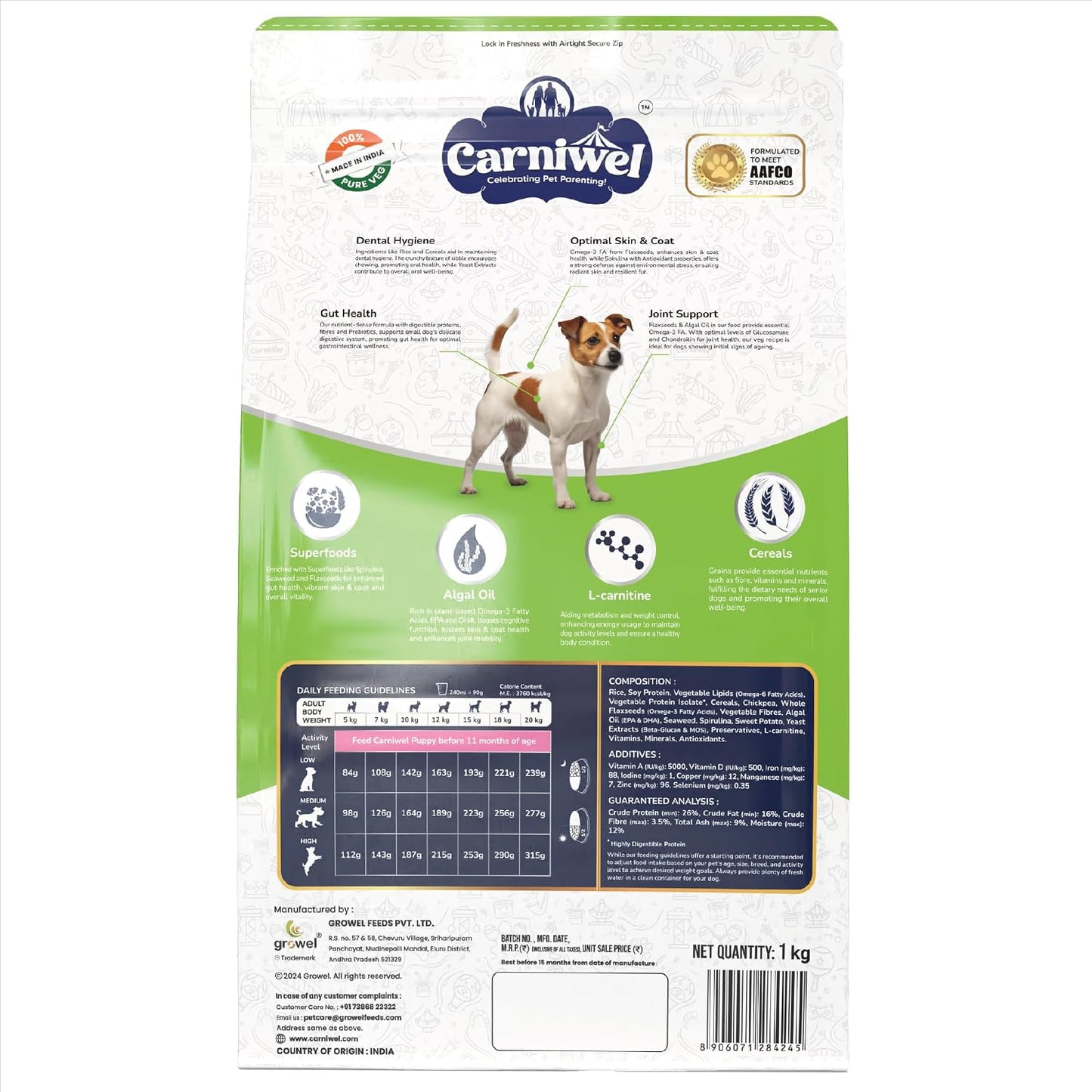 Carniwel Superfoods Puppy Dry Dog Food 1kg | 100% Vegetarian | Fresh & Natural Ingredients | Highly Palatable | GMO Free | Premium Nutrition for Small Dogs