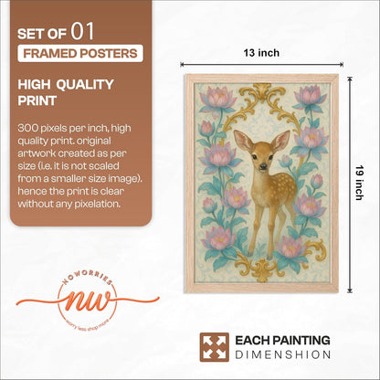 Deer & Lotus Wall Painting with Frame Set of 1 | Premium Floral Nature Artwork, Cute Fawn Animal Wall Decor for Living Room, Bedroom, Kids Room, Office and Home Decoration (3D Art-6,13x19inch)