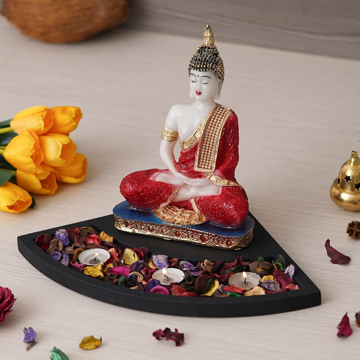 Red Resin Meditating Lord Buddha Statue Tea Light Candle Holder| Buddha Idol Tealight Holder| Diwali Decoration Item for Home Decor| Buddha Showpiece Gift for Diwali Housewarming Birthday