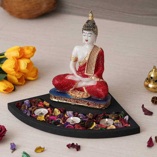 Red Resin Meditating Lord Buddha Statue Tea Light Candle Holder| Buddha Idol Tealight Holder| Diwali Decoration Item for Home Decor| Buddha Showpiece Gift for Diwali Housewarming Birthday