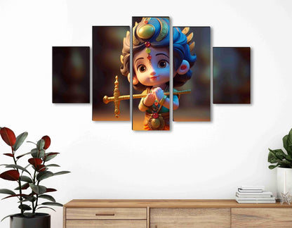 Bal krishna Paintings for Living Room | Painting for Wall Decoration | 3D Wall Art for Bedroom | Kanha Religious Wall Painting Set of 5 (75 x 45 cms) SANFPNLS35494