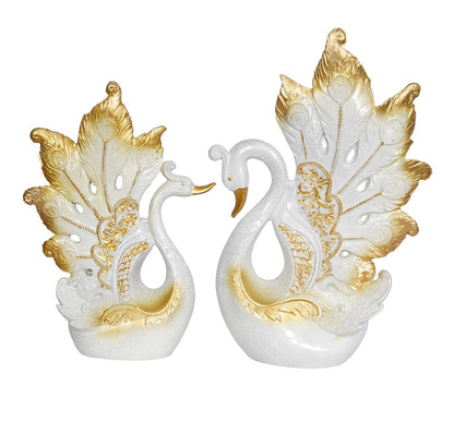 Decorative Peacock Figurine Set, White and Gold, Resin,Home & Office Decor Showpiece (2 Piece)