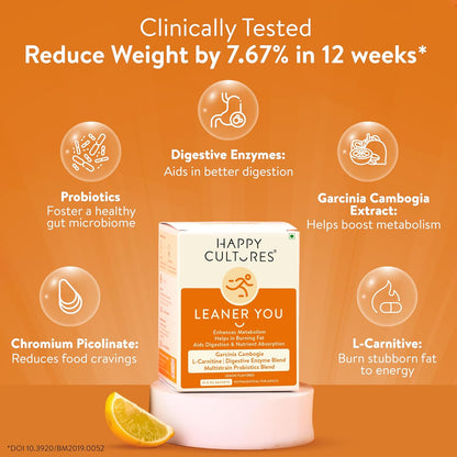 Happy Cultures Leaner you, enhances metabolism & reduces cravings, Probiotics + L carnitine + Garcinia Cambogia, helps weight management & digestion, Men & women, 15- day pack