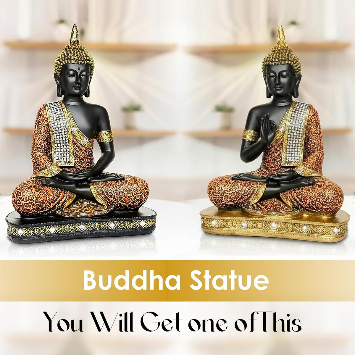 Meditating Buddha Statue for Home Decor | 25 cm Sitting Buddha Idol Showpiece for Living Room, Office & Gift | Orange & Black | Heavy Polyresin (1 Piece)