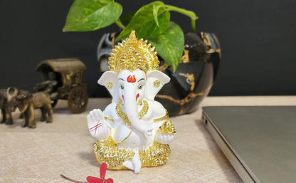 Gold Art India Gold Plated Ganesh Idol for Car Dashboard God Ganesha Idol for Home Decor Ganpati for Gift Home Office Table Shelves Diwali Gifting 3.5 Inches Gold White Mukut