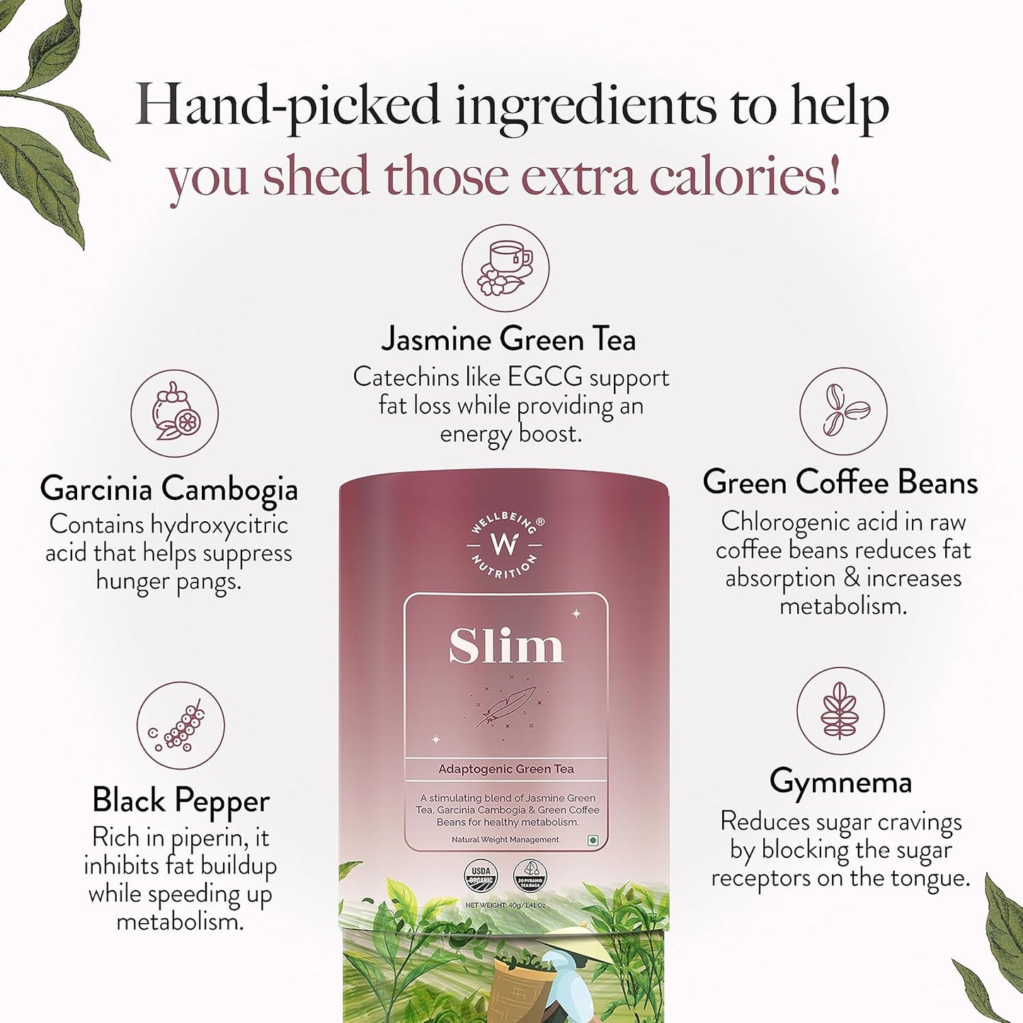 WELLBEING NUTRITION Slim Tea|Sliming Tea For Weight Management|Improves Metabolism, Satiety & Detox|Jasmine Green Tea, Garcinia Cambogia, Green Coffee Beans (40 Pyramid Tea Bags) - 40 Gram