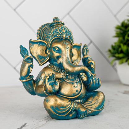 Ganesh ji murti Idol Statue Showpiece Home Decor Items for Living Room and Gifts (Antique Golden Blue)
