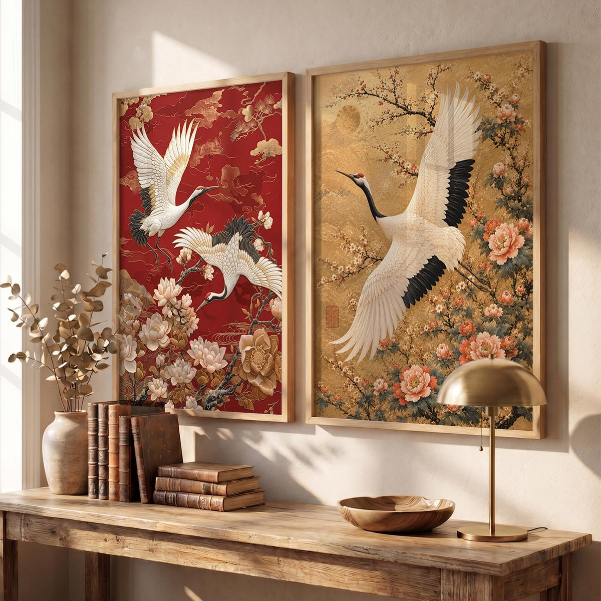 Aesthetic Japanese Crane Wall Art Painting with Cherry Blossom Flowers, Framed Nature Painting, Modern Art Home Decor for Living Room, Bedroom, Office Set of 2 (13X17 inch)