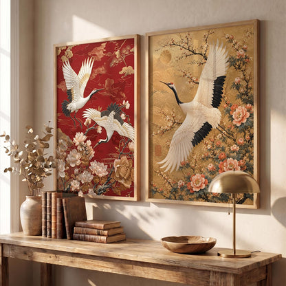 Aesthetic Japanese Crane Wall Art Painting with Cherry Blossom Flowers, Framed Nature Painting, Modern Art Home Decor for Living Room, Bedroom, Office Set of 2 (13X17 inch)