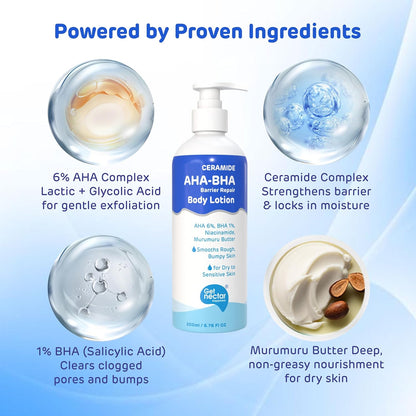 Ceramide AHA-BHA Barrier Repair Body Lotion with ingredients listed on a blue background
