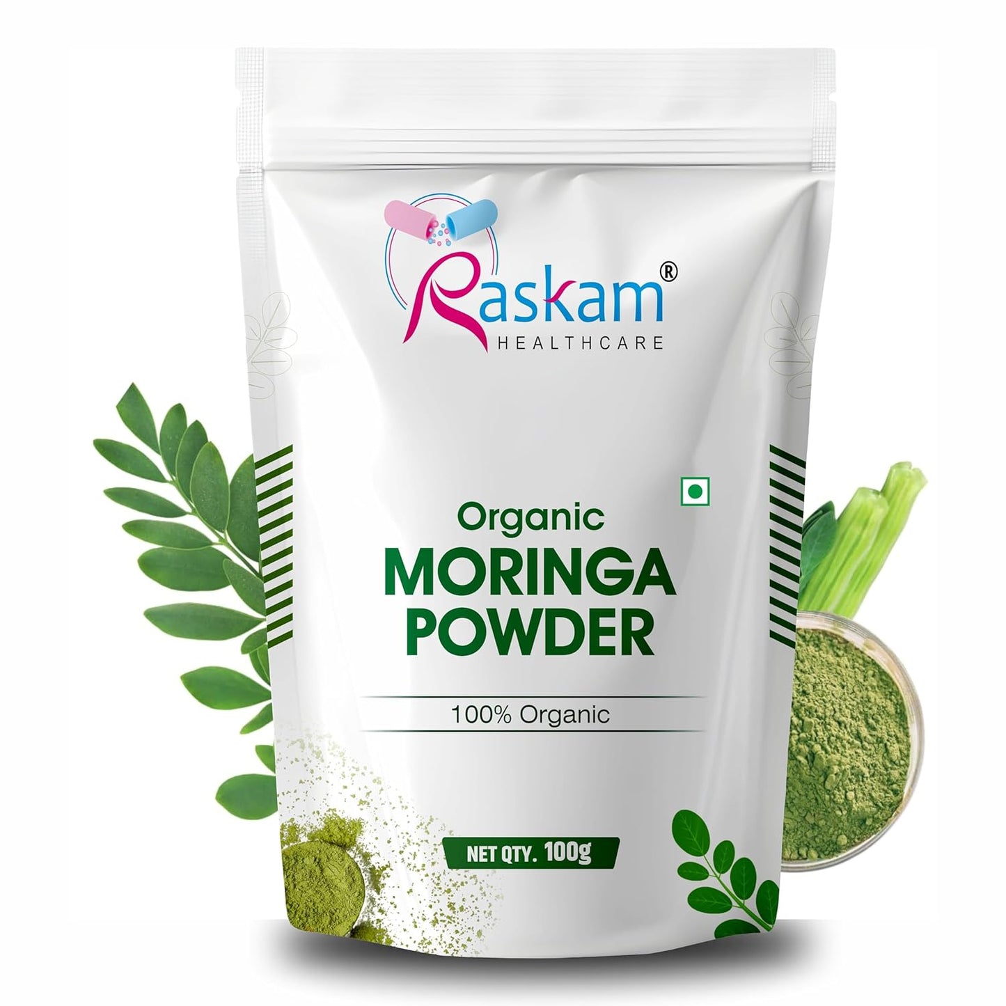 Raskam Healthcare Organic Moringa Powder packaging on a white background