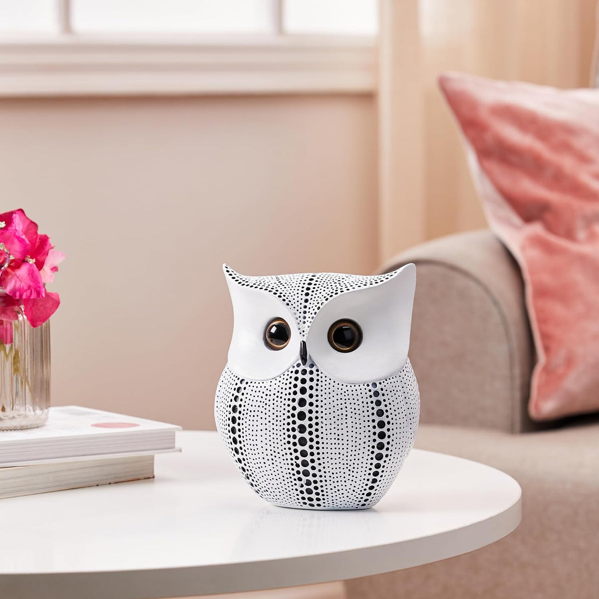 Modern Classy Happy Owl Resin Art Figure Showpiece (White), 13 x 6.5 cm