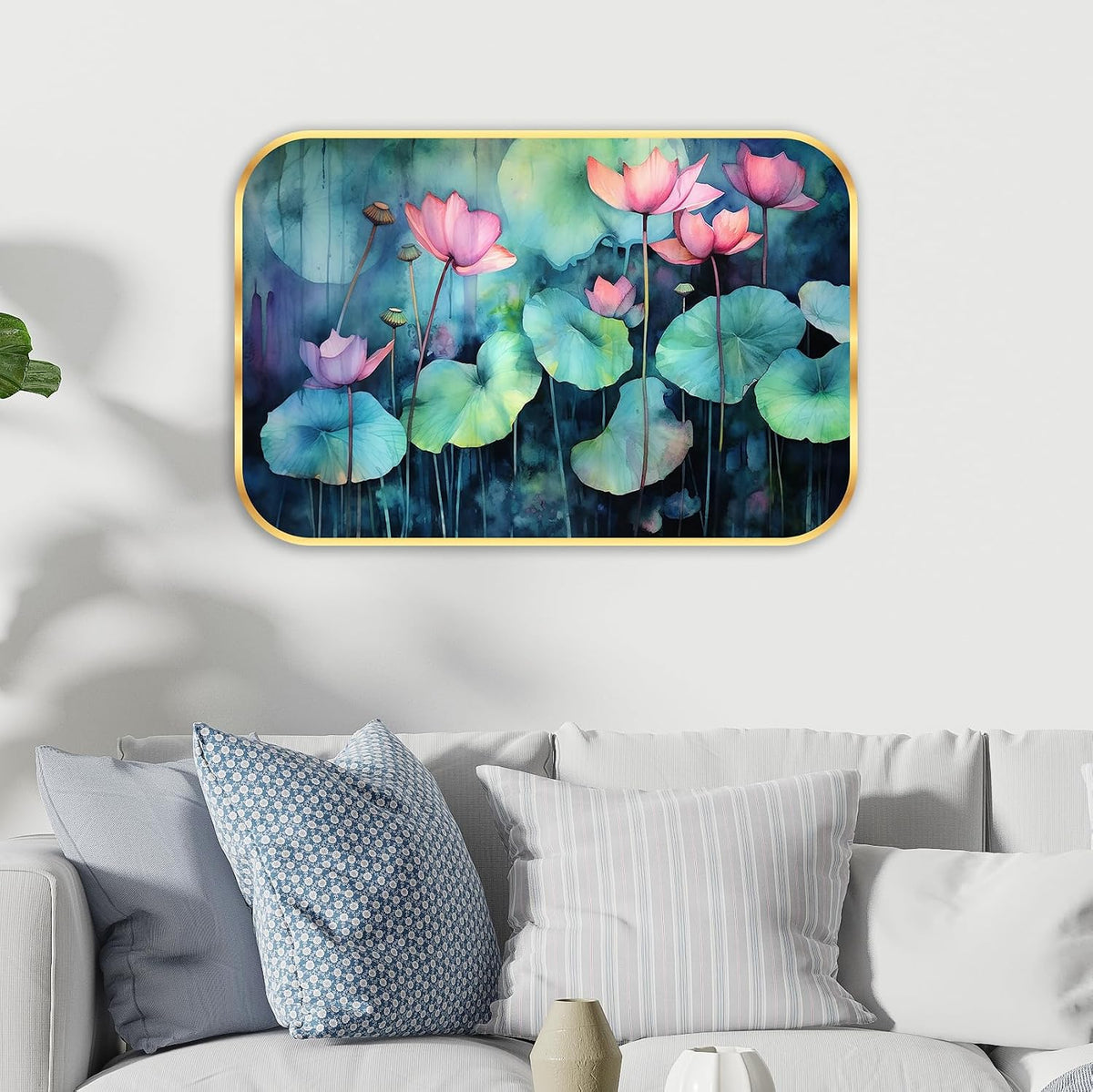 Flower modern art Premium Sparkle Lamination Finished Surface Golden Slim Frame 35 cm x 28 cm Large Size, For Home/Office/Hotel painting KG42