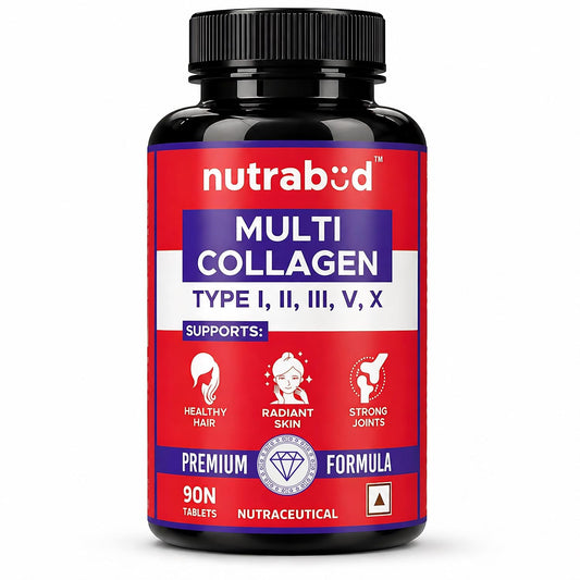 Nutrabud Multi Collagen Complex Supplement for Women, Men - 90 Tablets - Hydrolyzed Peptides with all 5 Types of Collagen Including TYPE I, II, III, V & X (90 Count (Pack of 1), Unflavoured)