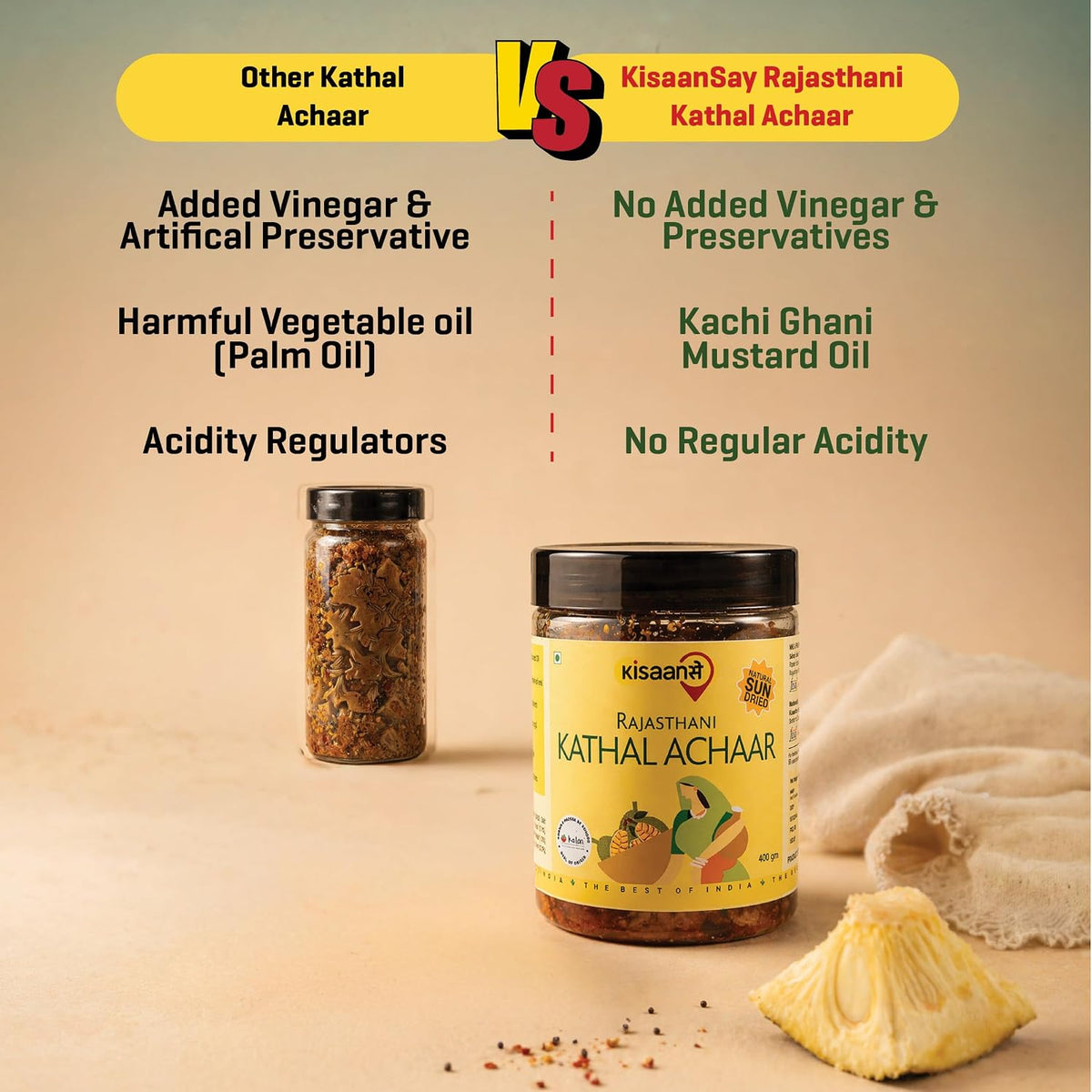 KisaanSay Jackfruit Pickle| Katahal ka Achar | Kathal achaar | 400 GM | Traditional Spicy & Tangy | No Preservatives, No Vinegar | Made in Pure Mustard Oil | Sun-Dried | Homemade Taste | Plastic Jar | No Onion & No Garlic | hodale | palapazham