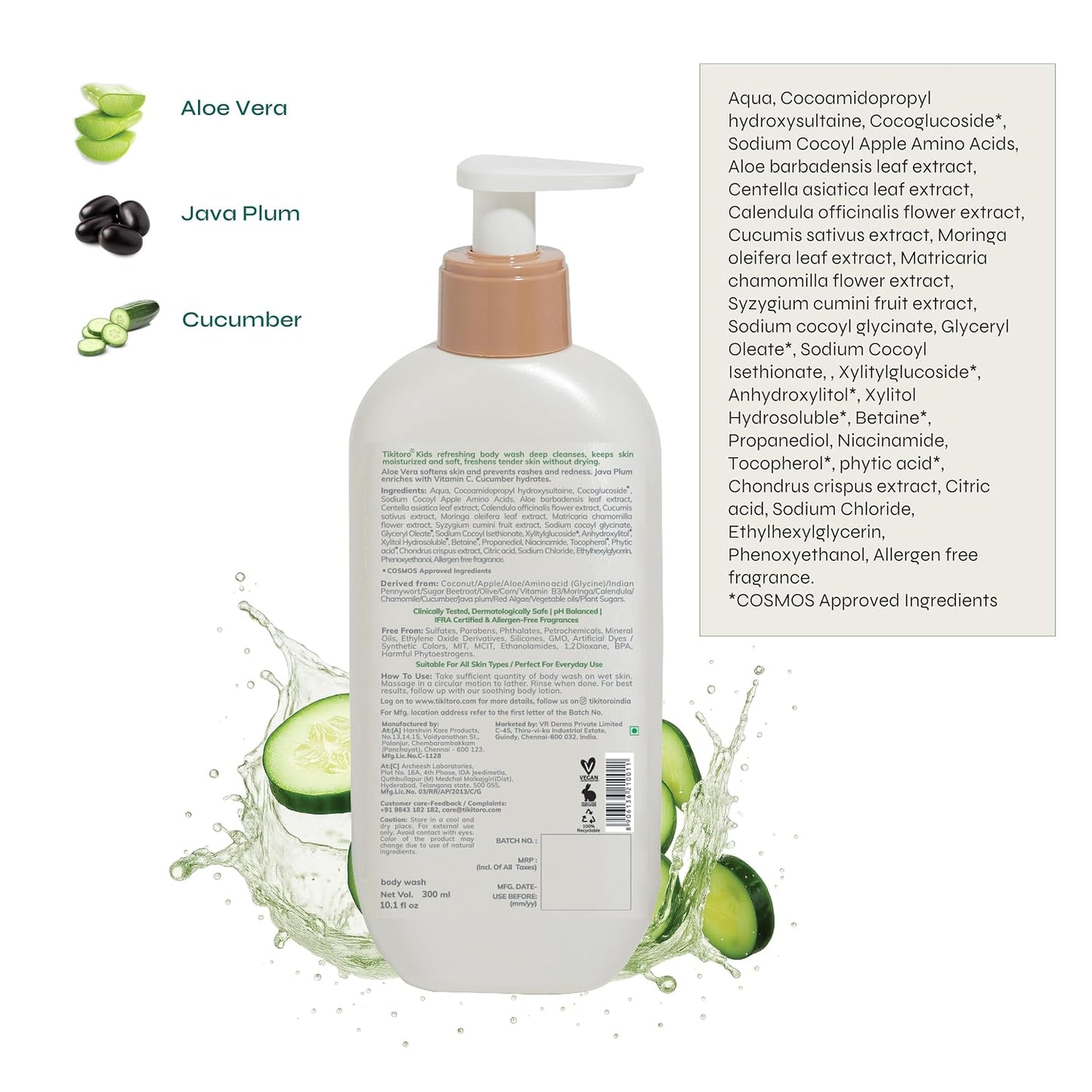 Tikitoro Kids Refreshing Body Wash | Pediatrician Approved | Deeply Cleanses, Hydrates & Refreshes Skin | Cucumber, Java Plum, Vitamin C & Aloe Vera | No Parabens & Sulphates, Age 4+ years (300ml)