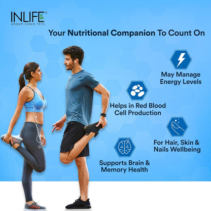 INLIFE B Complex Supplements B1, B2, B3, B5, B6, Biotin, with Vitamin B12, Folic Acid, Alpha Lipoic Acid, Inositol & Choline | For Energy & Metabolism | For Men Women - 60 Vegetarian Capsules