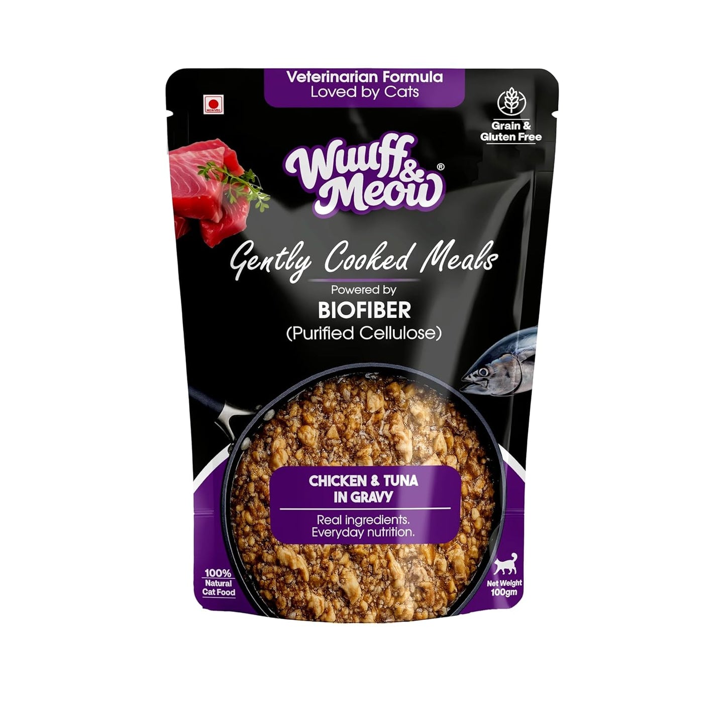 Wuuff&Meow Chicken & Tuna Wet Cat Food in Gravy for Adult & Kittens | Gently Cooked High Protein Cat Food | Zero Preservatives Powered BY BIOFIBER™ with Arbocel® for Digestion (100 g (Pack of 1))