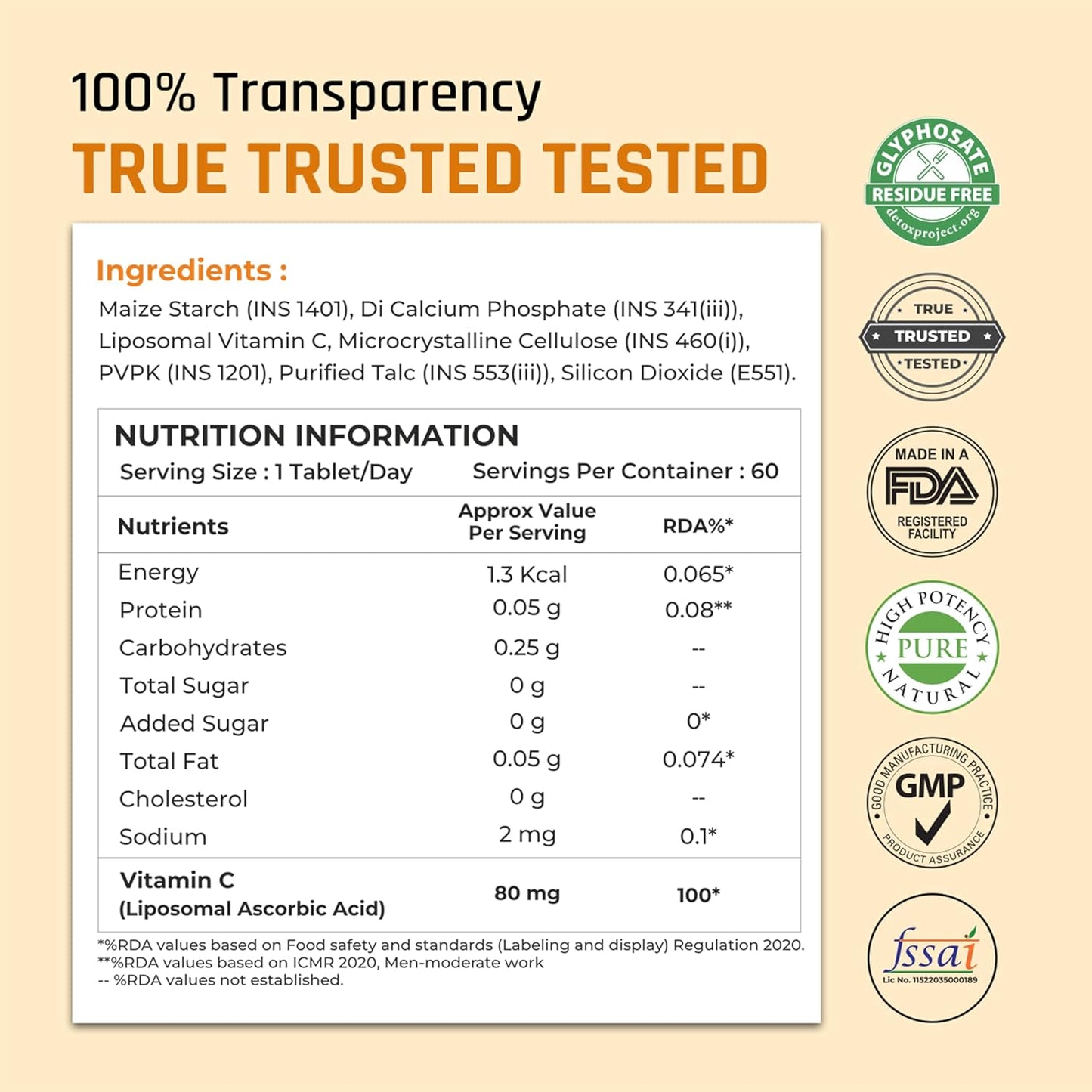 Product label with ingredients, nutrition information, and certification logos on a beige background