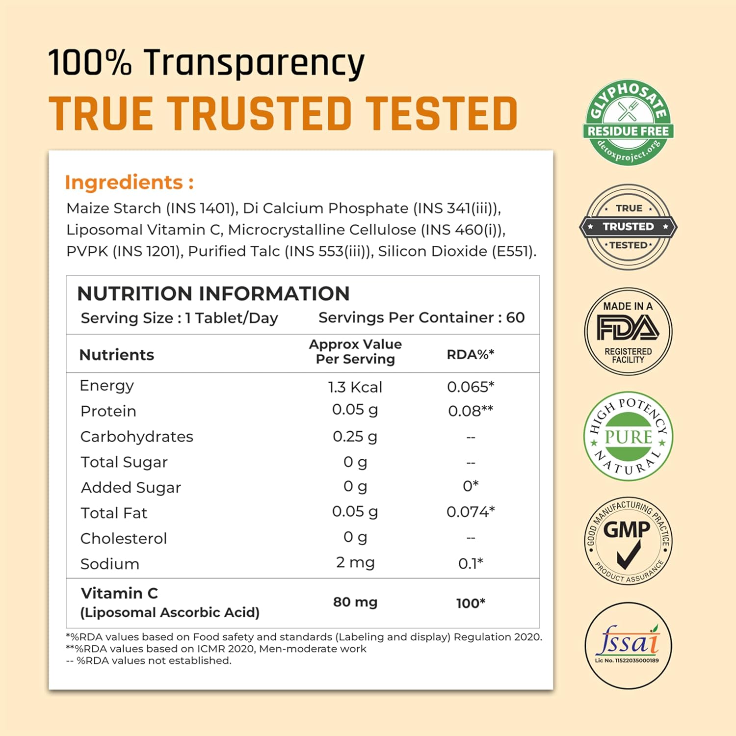 Product label with ingredients, nutrition information, and certification logos on a beige background