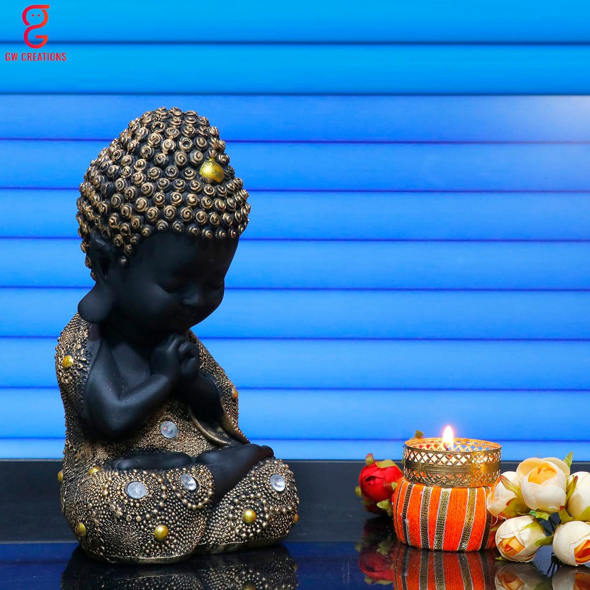 Gold Toned & Black Buddha Idol Showpiece for Home Décor, Meditation Room & Gifting | Spiritual Resin Statue