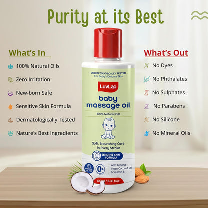 LuvLap Baby Massage Oil with Almond, Virgin Coconut Oil & Vitamin E, Deep Nourishing, Skin Repair & Relaxation, Ayurvedic Non-Sticky Oil for Soft New Born Skin, 100% Natural, Derma Safe, 100ml