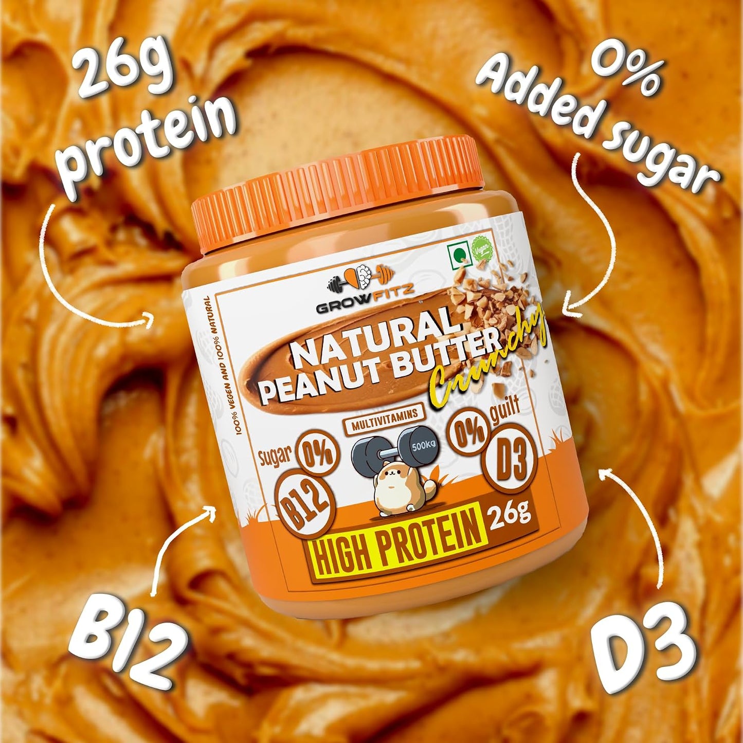 Growfitz Natural Peanut Butter Crunchy 26g, 800 Gram, Pack of 1 | Unsweetened | High Protein | Nut Butter Spread-Workout Snacks | No Sugar, Cholesterol Free, Multi-Vitamins & Boost Muscles (Crunchy)