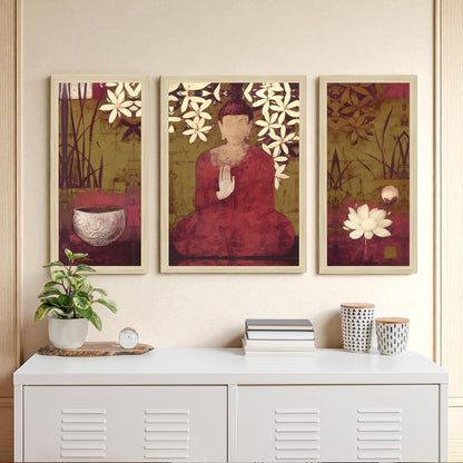 Buddha Floral Abstract Framed Wall Art Painting Home Décor Pack Of 3 | Digital Scenery Painting with Frame | Suits Hallways, Living Room, Bedroom, Office Set Of 3, 22x46 cm, 33x44 cm
