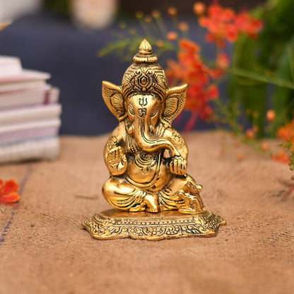 Metal Lord Ganesh Idol, 6.5 x 5 x 2.5 Inches, Golden (Model Number: GBS211)