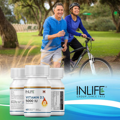 INLIFE Vitamin D3 5000 IU Cholecalciferol with Extra virgin Coconut Oil Supplement for Better Absorption| For both Men & Women| supports Immunity, Bones & Muscle health| Pack of 1-60 Soft gels.
