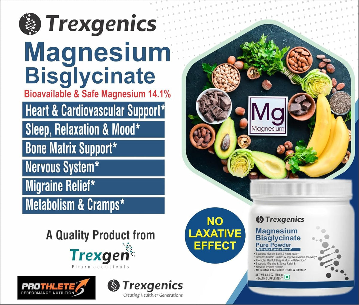 Advertisement for Trexgenics Magnesium Bisglycinate supplement with product and health benefits listed.