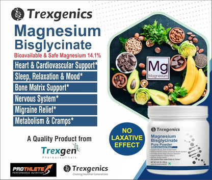 Advertisement for Trexgenics Magnesium Bisglycinate supplement with product and health benefits listed.