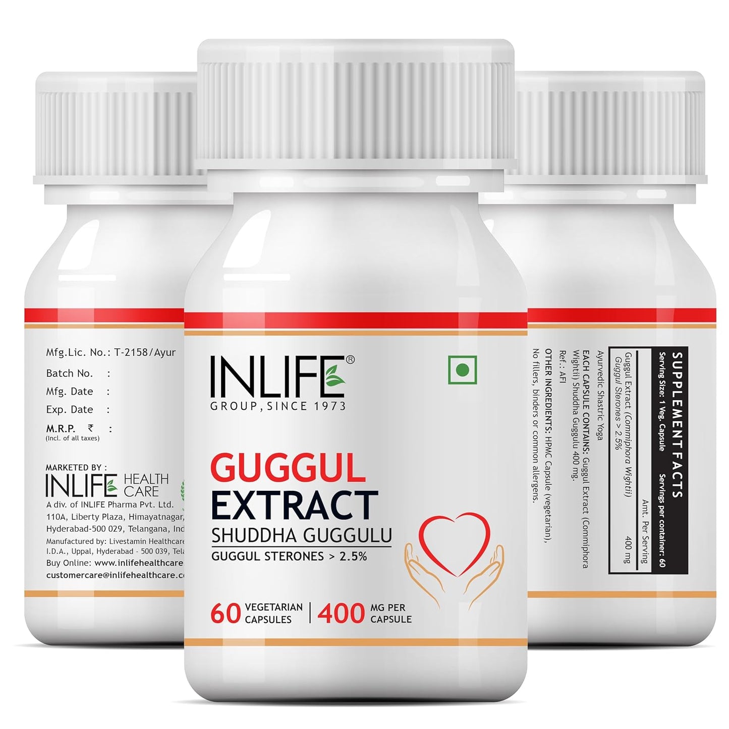INLIFE Guggul Capsules 400mg | Ayurvedic Herbal Supplement with 2.5% Guggul Sterones - 60 Vegetarian Capsules (Pack of 1)
