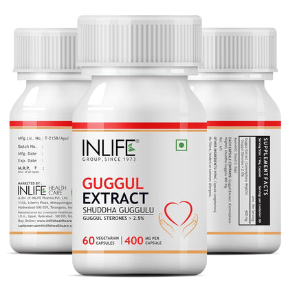 INLIFE Guggul Capsules 400mg | Ayurvedic Herbal Supplement with 2.5% Guggul Sterones - 60 Vegetarian Capsules (Pack of 1)
