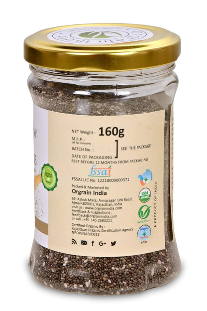 Orgrain India Certified Organic Chia Seeds 160g | Rich in Omega-3, Fiber, Calcium | Supports Weight Loss, Bone & Muscle Health | Ideal for Smoothies, Salads, Baking & More