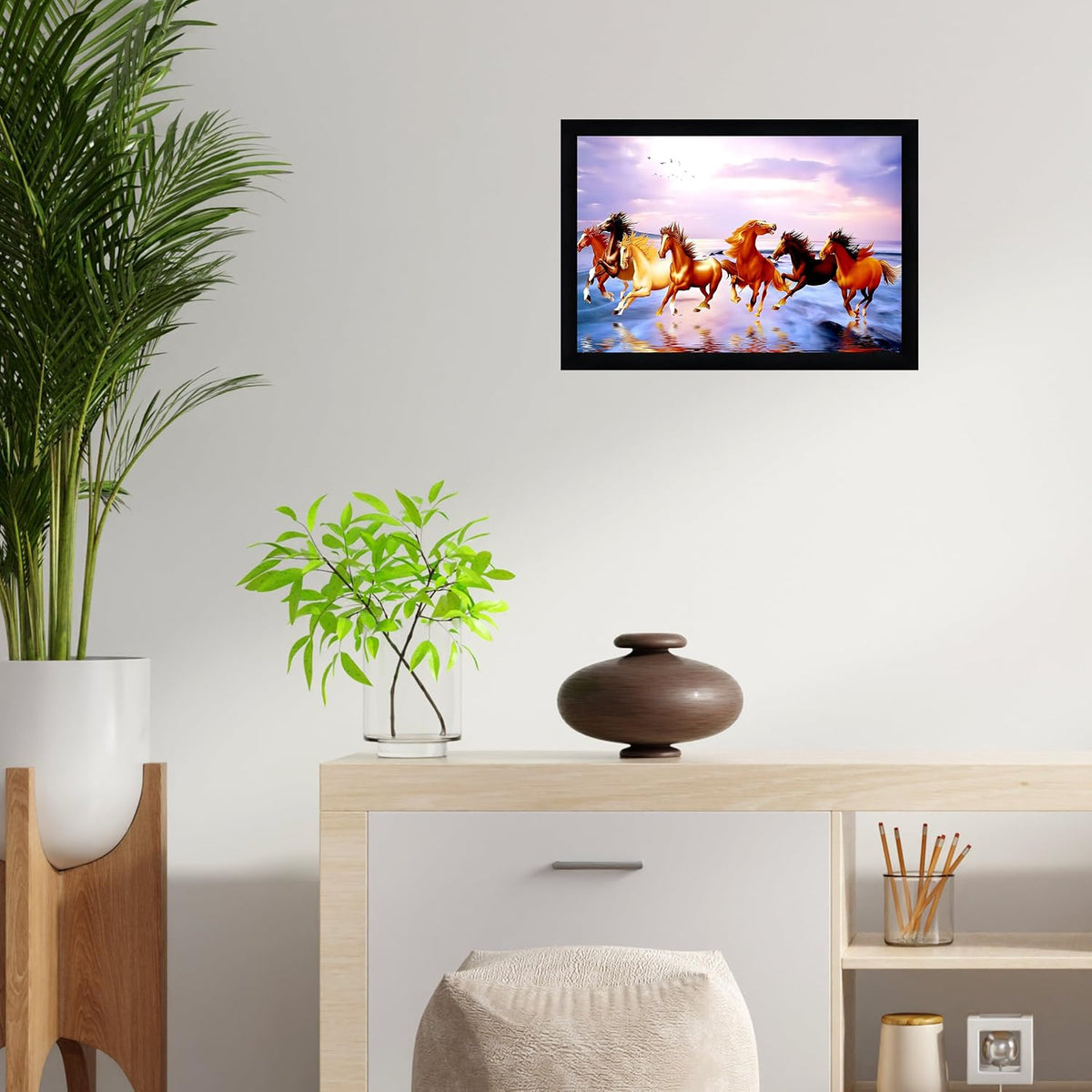 Runing Seven Horses Painting With Frame 13 Inches X 10 Inches (Style 11)