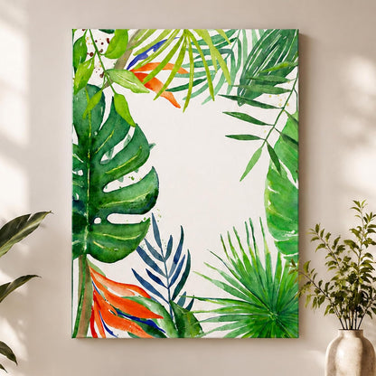 Tropical Green Leaves Framed Canvas Wall Art Painting for wall decoration | Botanical Leaf Nature Inspired Painting for Living Room, Bedroom and Office, 22x34 Inch